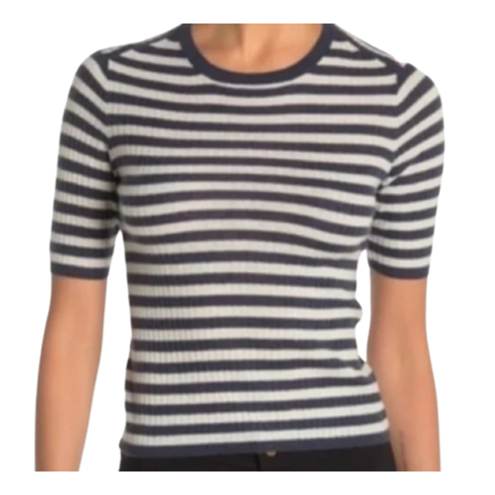 VINCE Blue Striped Cashmere Knit Top Lightweight Sweater Nautical Coastal Sz L